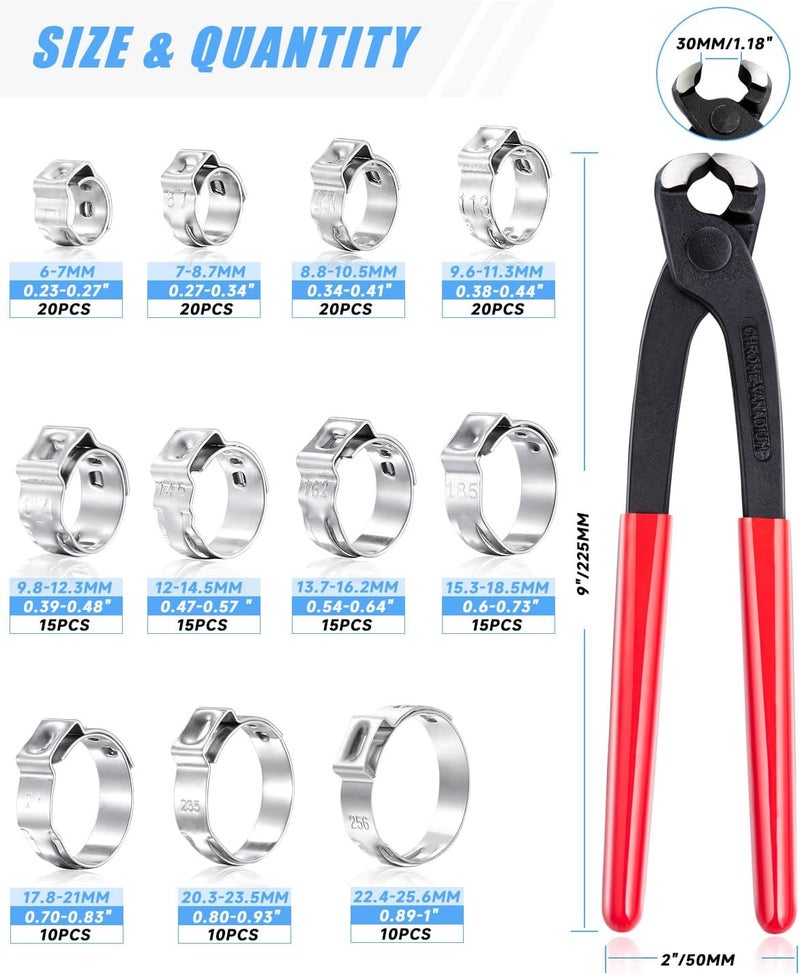 PEROMI 170 Pcs 304 Stainless Steel Single Ear Hose Clamp with Ear Clamp Pincer, 11 Sizes 1/4-1 Inch Constant Crimp Stepless Cinch Rings Crimp Assortment Kit for Water Pipe By - Image 5